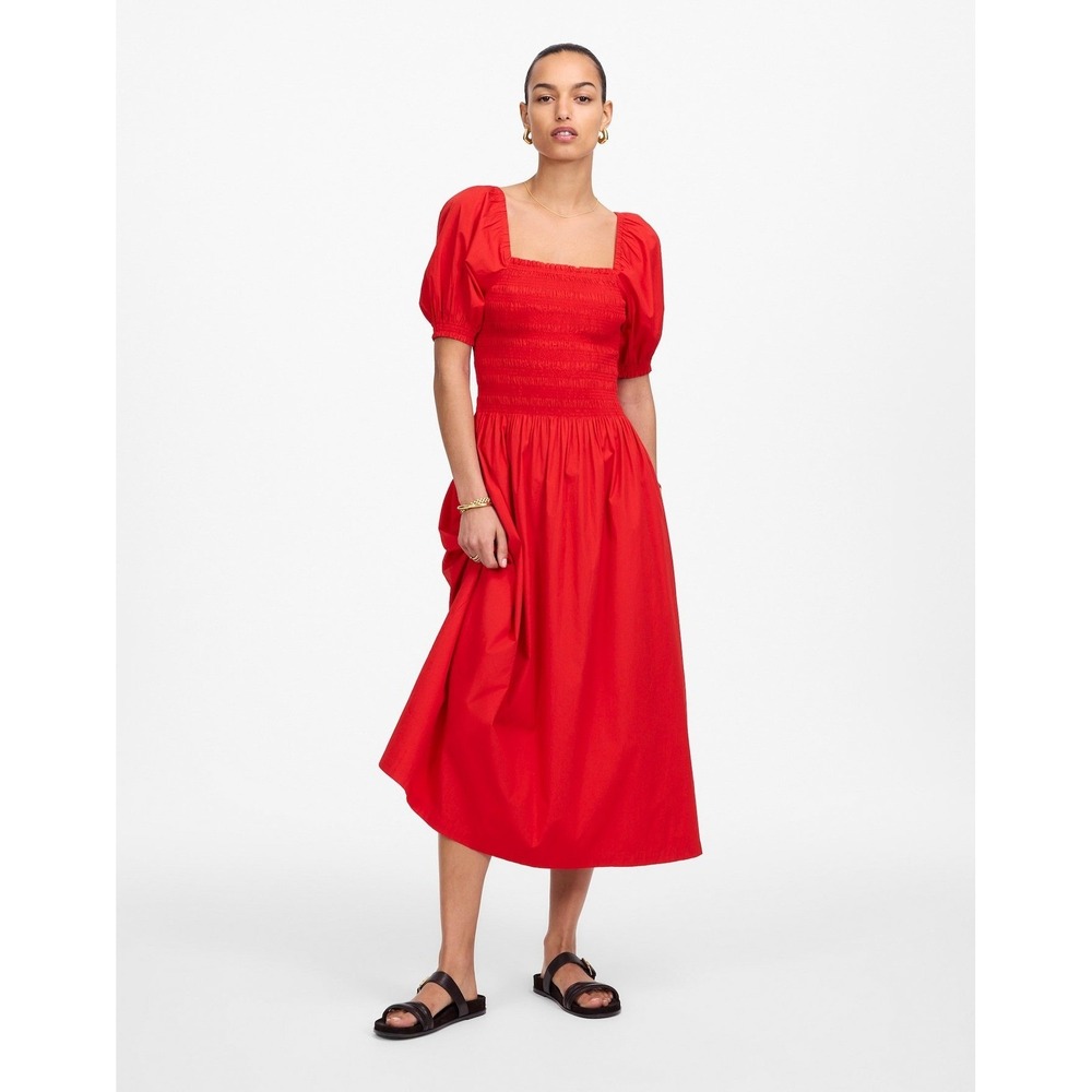 Madewell Smocked‎ Puff Sleeve Midi Dress in Poplin Cerise Red XXS NWT